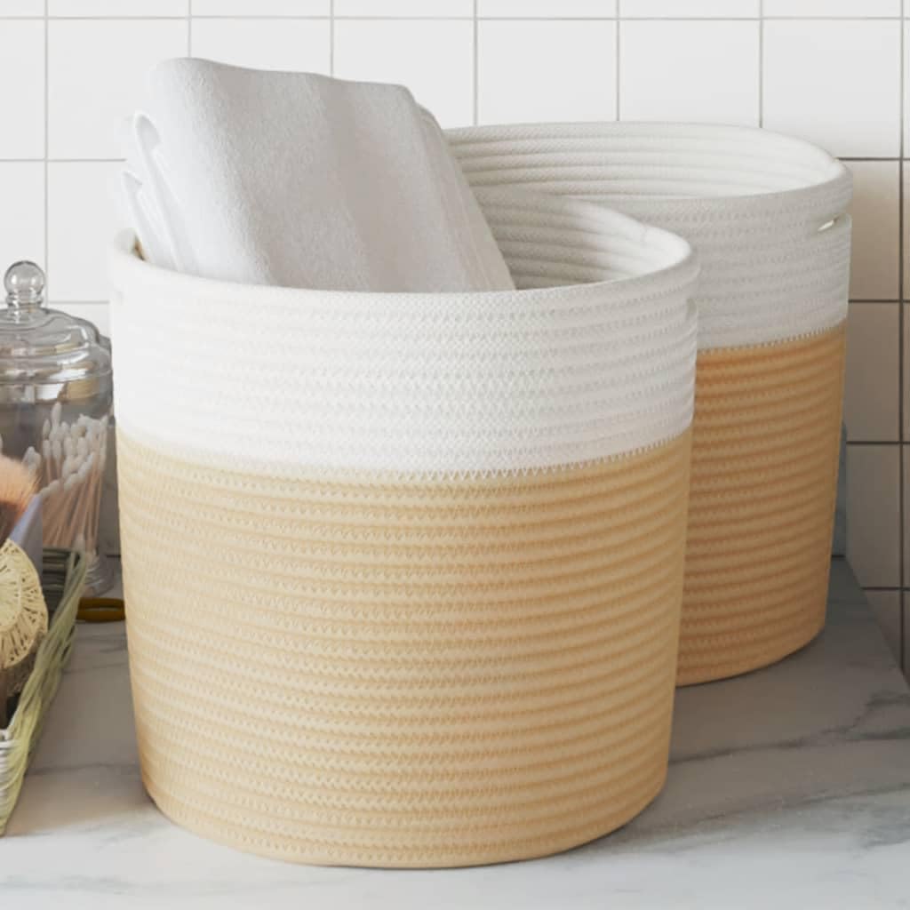 Aufbewahrungskorb Set 2 Stk. Beige und Weiß Ø28x28 cm Baumwolle, Dekokorb, Flechtkorb, Organizer, Spielzeugkorb, Dekoration für Wohnzimmer, Schlafzimmer, Regal und Schrank