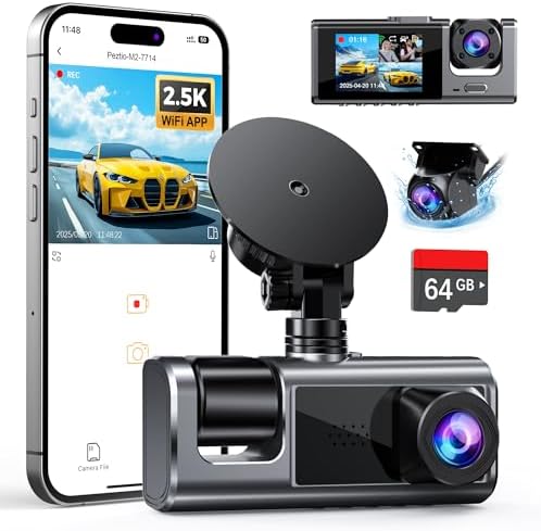 3 Channel WiFi Dash Cam Front and Rear Inside with 64GB SD Card, ...