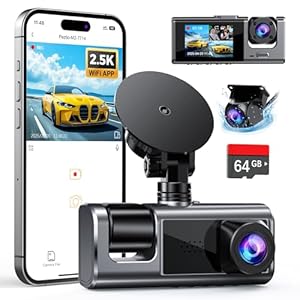 3 Channel WiFi Dash Cam Front and Rear Inside with 64GB SD Card, 2.5K+1080P+1080P Car Dash Camera for Cars Front and Rear, Dashcam with G-Sensor, Loop Recording, 24H Parking Mode, Support 512GB