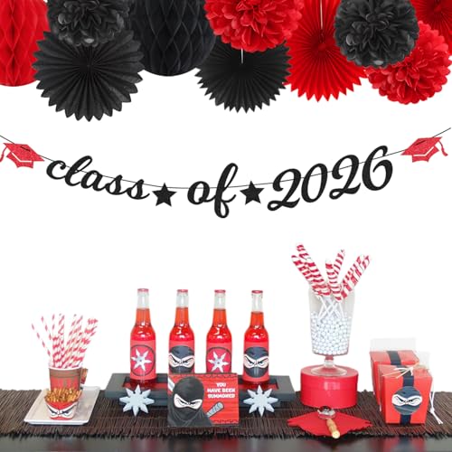 Image of Red Black Party-Decoration Graduation Banner - 14pcs Kits Cap Garland Streamers, Paper Tissue Pom Poms Flowers Fans Honeycomb,Class Of 2026 College High School Grad Decor Hugfond