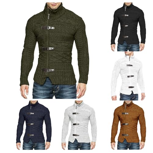evzosrz Men's Sweater Fall Winter Casual Long Sleeve Cable Knitted Turtleneck Zip Button Front Cardigan Sweaters3
