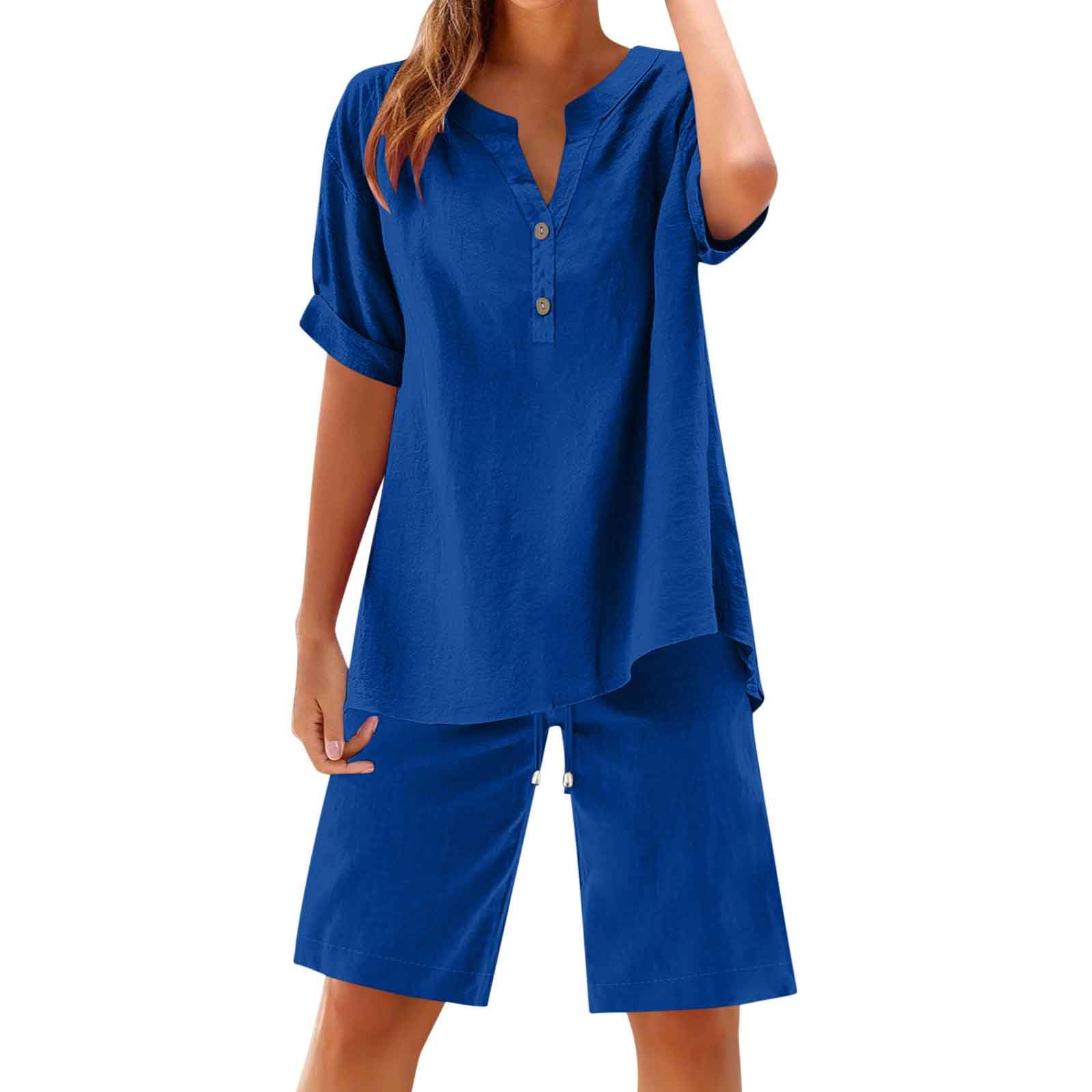 Set di mussola da donna, elegante camicetta in lino e vita elasticizzata, pantaloncini estivi, 2 pezzi, in cotone, lino, oversize, per il tempo libero, a maniche corte, 2 pezzi