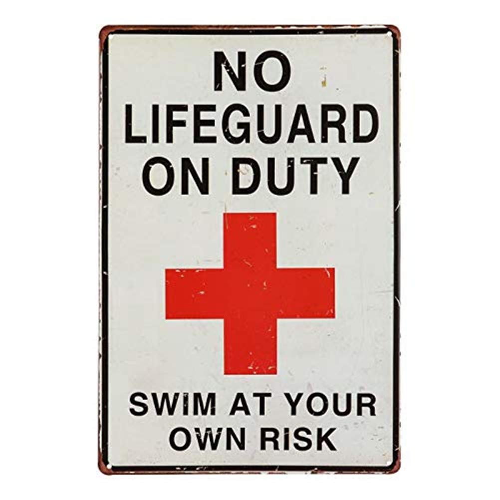 No Lifeguard on Duty Swim at Your Own Risk Funny Metal Wall Art for Pool Area Backyard Beach Decor Humorous Warning Tin Sign Plaque for Water Lovers 8x12 Inch