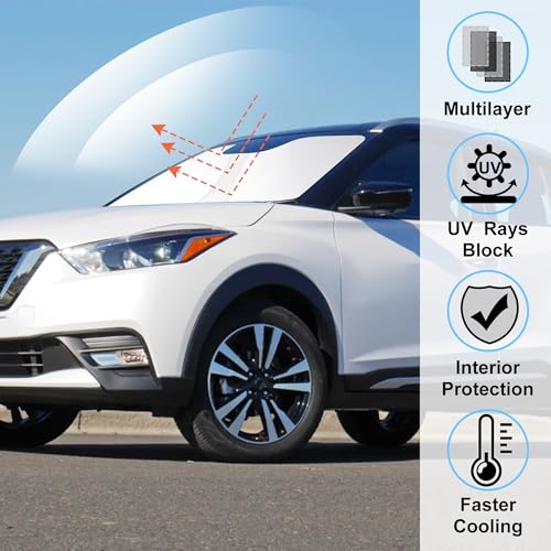 Image of Windshield Sun Shade Custom Fit 2018 2019 2020 2021 2022 2023 2024 Nissan Kicks S SV SR Crossover Accessories Front Sunshade Sun Visor Protector Keeps Cool