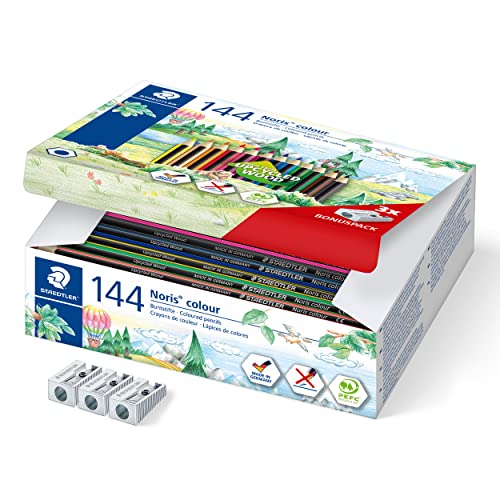 Crayons de couleur STAEDTLER Noris 185 en bois upcyclé écologique, boîte de 144 crayons assortis