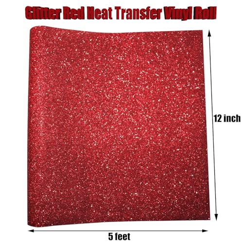 Image of Glitter Red Heat Transfer Vinyl Red HTV Vinyl Roll 12 x 5 Feet Iron on Vinyl for Cricut, T-Shirts DIY Design Totes and Bags, Easy to Cut & Weed for Silhouette Cameo, Heat Press Machine