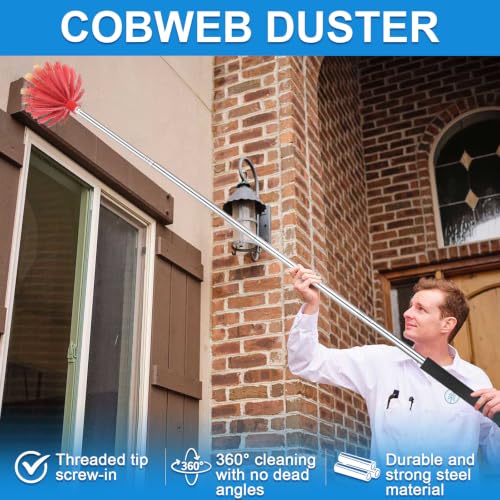 Image of Cobweb Duster with Extension Pole, Medium Stiff Bristles Cobweb Duster Head | Medium Stiff Bristles Cobweb Duster Head ,for High Ceilings, Suitable for Ceilings, Walls, Indoor Outdoor Environments