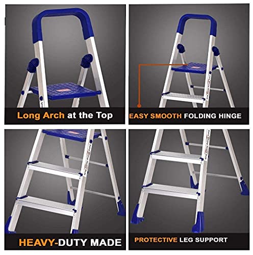 Image of Dynamo - Foldable Aluminium Step Ladder, Safety Clutch Lock, Anti Slip Steps, Knee Guard, Anti Skid PVC Shoes, 4 Steps (Aluminium, Steel, Blue)