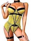 Kaei&Shi Garter Lingerie For Women,Exotic Deep V Plunge Fishnet Choker Strappy Sexy Lingerie,Mesh Backless Garter Rave Outfits Festival Matching 4 Pieces Lingerie Set Boudoir Yellow Black X-Large
