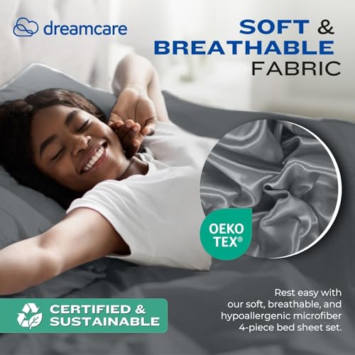 Image of DREAMCARE Queen Sheet Set - 4 pcs Breathable Cooling Sheets - up to 21 inch Extra Deep Pocket Queen Sheets Set with Side Pockets - Extra Soft 100% Brushed Hypoallergenic Hotel Luxury Bedding - Dark Gray