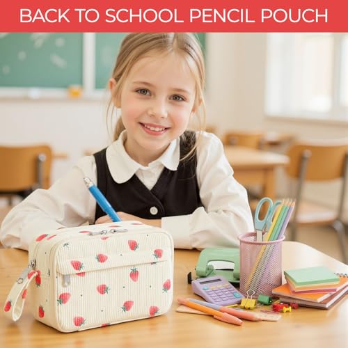 Image of WOBAGMEN Cute Pencil Case,Large Corduroy Zippered Pencil Case Pouch, aesthetic Pencil Bag with Compartments, Pencil Pouch School Supplies (Tiny Strawberry)