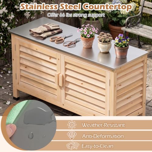 Image of Tangkula Wood Outdoor Storage Cabinet with Stainless Steel Countertop, Gray