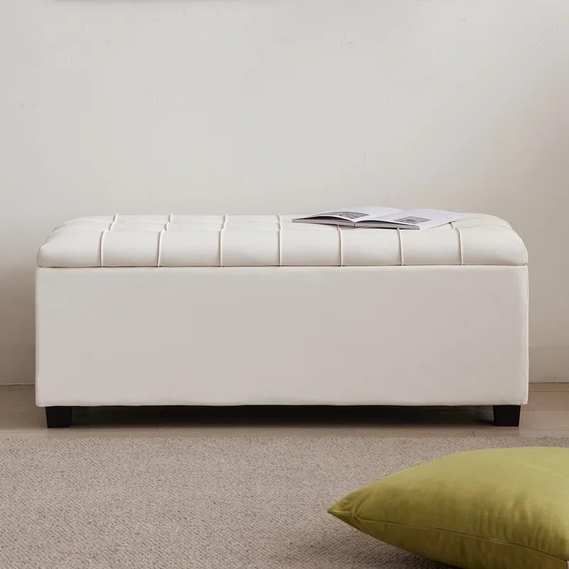 Sime 38" Ottoman Storage Bench Two Seater Sofa Bench with Storage Ottoman with Storage Footrest Ottoman Pouffe for Living Room Bedroom Entryways (White Leather)-image-21