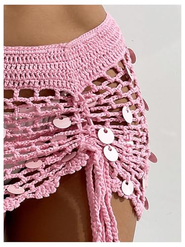SHENHE Women's Crochet Bikini Cover Up Sequin Hollow Out Beach Mini Skirt Swimsuit Cover Ups3
