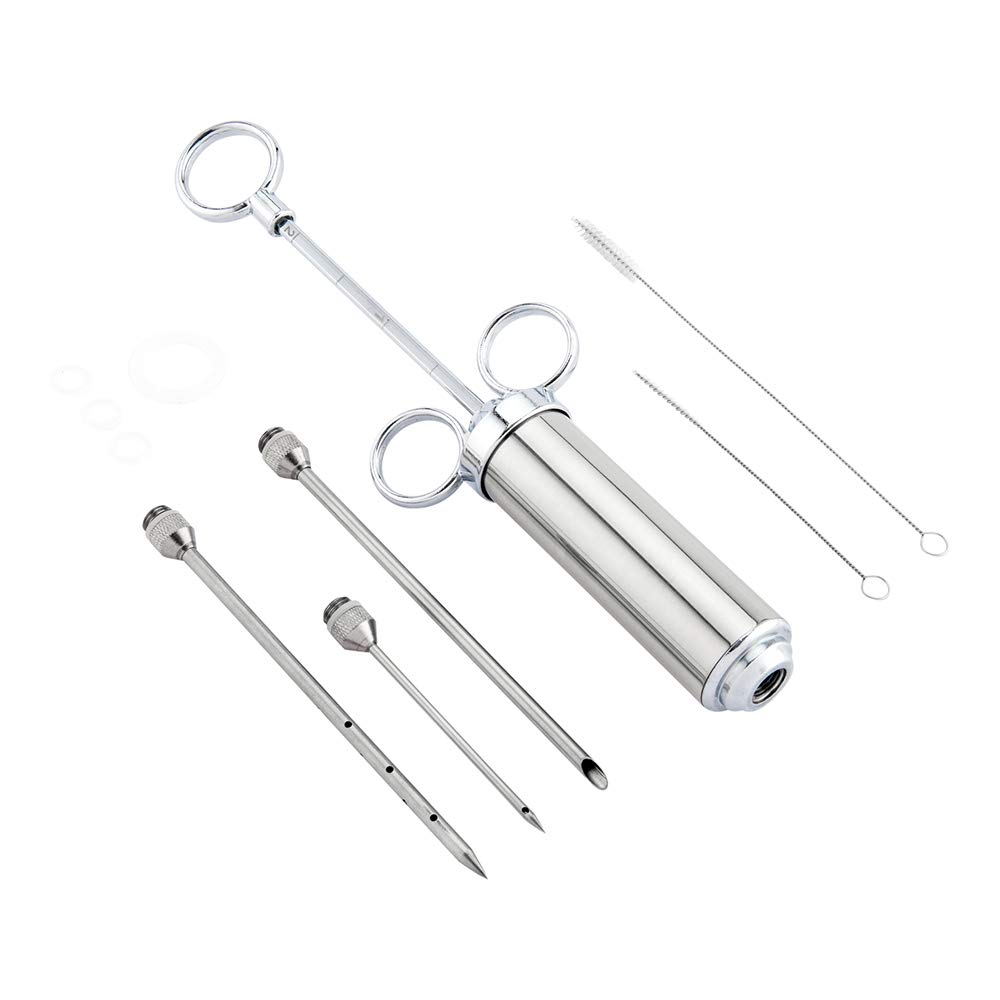 Restaurantware Met Lux Fleischinjektor-Set, professionelles Lebensmittelspritzen-Set, 57 ml, 3 Nadeln, Edelstahl-Fleischinjektor-Set, 2 Reinigungsbürsten, zum Marinieren und Würzen, Silber