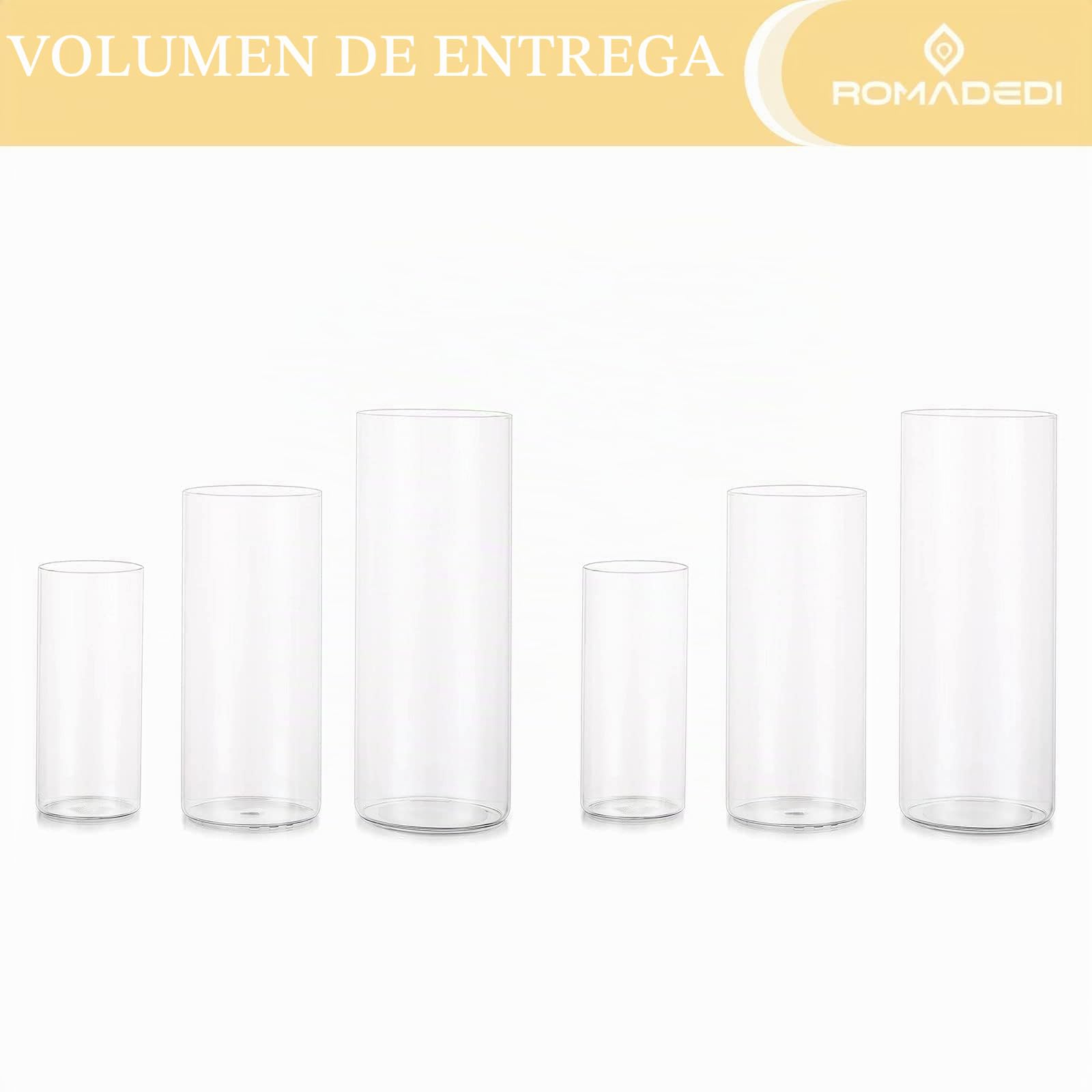 Romadedi Portavelas de cristal para mesa, juego de 6 cilindros de cristal transparente, 15/20/25 cm | Tarros para velas flotantes, para boda, comedor, fiesta, sala de estar, exterior