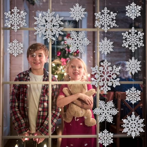 Image of 49pcs Christmas Party Decorations Snowflake Ornaments - Silver Glitter Snowflakes DIY Hanging Ornaments for Winter Christmas Tree Wall Ceiling Window Decor