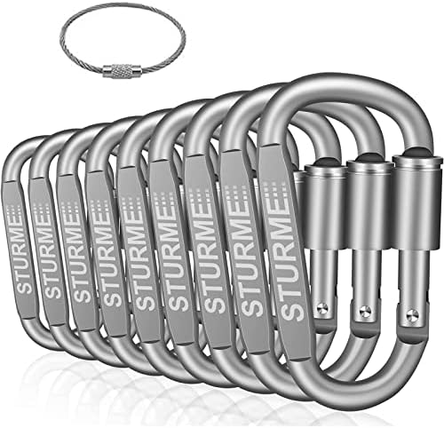 STURME Carabiner Clip Aluminum D-Ring Locking Durable Strong and Light Large Carabiners Clip Set for Outdoor Camping Screw Gate Lock Hooks Spring Link Improved Design Pack (9 Pack)