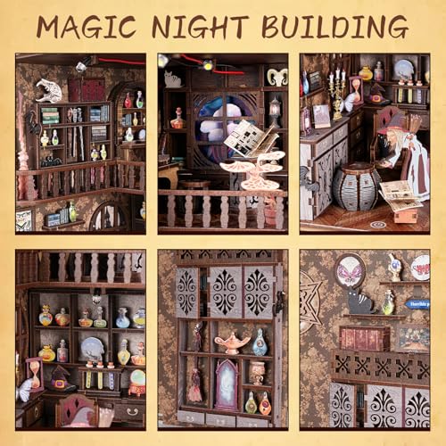 ITEFDTUTNE Book Nook Kit für Erwachsene, DIY Miniatur Puppenhaus Booknook Kit mit Led-Licht, 3D Holz Bücherregal Puzzle Booknook einfügen Dekor Handwerk für Erwachsene Teenager Geschenke, Magic Night
