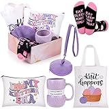 Amylove 6 Pcs Knitting Gifts for Knitters Mother's Day Novelty Knitting Canvas Tote Bag Cosmetic Pouch Coffee Mug Crew Socks Portable Wrist Yarn Ball Holder Set Crochet Lover Gifts for Crocheters