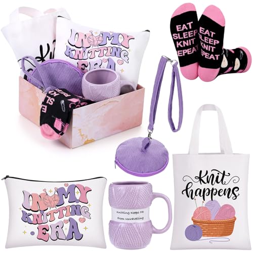 Amylove 6 Pcs Knitting Gifts for Knitters Mother's Day Novelty Knitting Canvas Tote Bag Cosmetic...