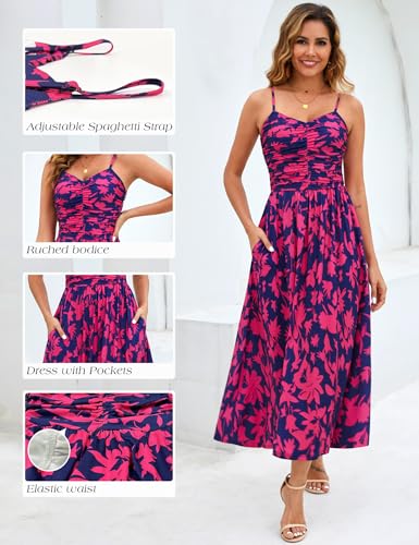 Image of Annebouti Women 2026 Summer Spring Ruched Maxi Dress Adjustable Spaghetti Strap Floral Beach Long Sundress with Pockets