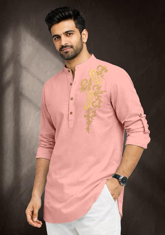 Image of Cotton Blend Self Design Printed Casual Short Kurta for Men Long Sleeve Mandarin Collar Stylish Kurta Shirt for Men