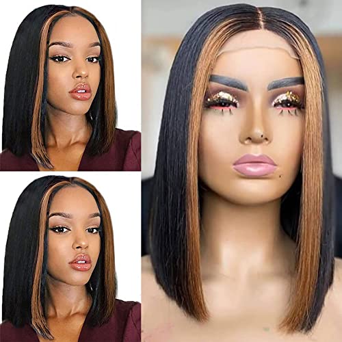 Skunk Stripe Highlight 4x4 Bob Wig Human Hair Pre Plucked Glueless Transparent Lace Closure Bob Wigs Human Hair Bob Wigs for Black Women,Brazilian Virgin Hair with Baby Hair 12 inch 1b/30