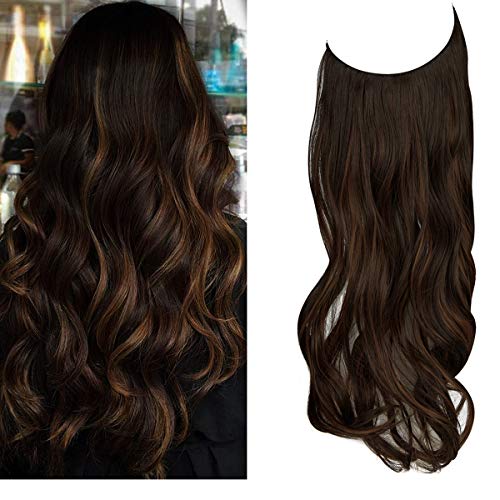 Invisible Wire Hair Extensions No Clip Wavy Curly Synthetic Hairpiece Adjustable Transparent Wire Headband for Women Heat Friendly Fiber 20 Inch Dark Brown Mix Light Auburn(Curly)