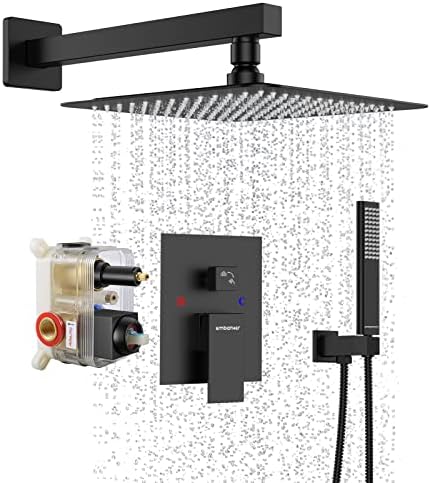 Black 10 inch Shower System Sets Faucet - EMBATHER Overhead Rainhead Shower Combo Set with Handheld and Valve - Luxury Rain Mixer Rainfall Handle Shower Faucets Sets Complete