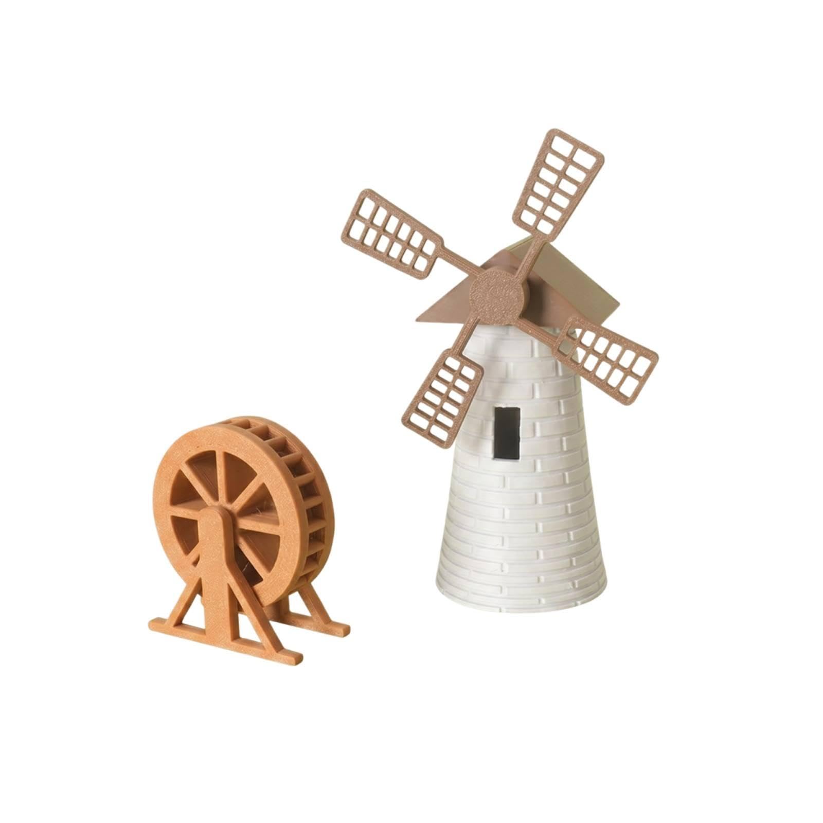 2 Pieces Miniature Landscape Ornament Set Desktop Display Windmill Model Scenery Waterwheel Model Yellow-image-27