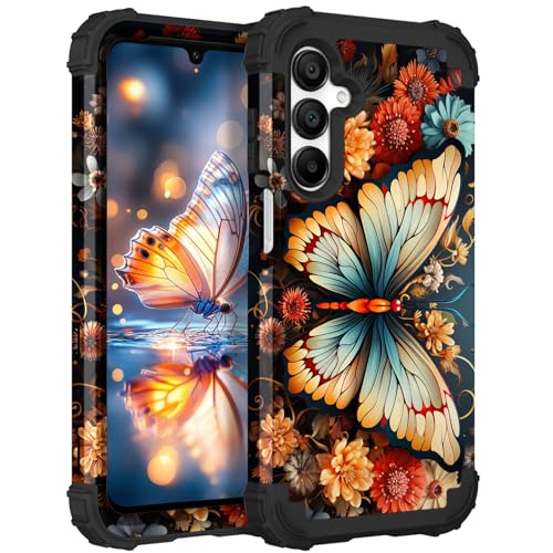 Hocase for Galaxy A16 5G Case, Heavy Duty Shockproof Protection Soft Silicone Rubber Bumper+Hard Plastic Hybrid Protective Case for Samsung Galaxy A16 5G (6.7'') 2025 - Butterfly on Flowers