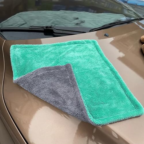 Image of Microfiber Car Cleaning Cloth, 1200 GSM, Large 60x40 Cm Ultra Soft, Super Water Absorbent, Lint Free Twisted Loop Towel for Car, Bike, Household, Drying & Detailing (Green & Grey)