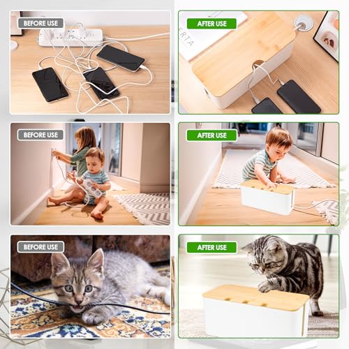 Kabelbox, Kabelmanagement Box, Kabel Organizer Box mit Holzdeckel, Große, Mittelgroß und Kleine Kabelmanagement Box Adapter, Steckerleisten, Kabel Verstecken Box Weiß (L=40.7 * 15.7 * 13.4cm)