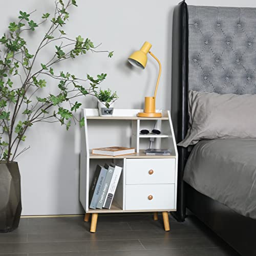 Nightstand Side Table with Drawer - End Table with Solid Wood Legs & Small Bedside Table for Storage & White Accent Table with File Cabinet Organizer in Living Room Bedroom Office