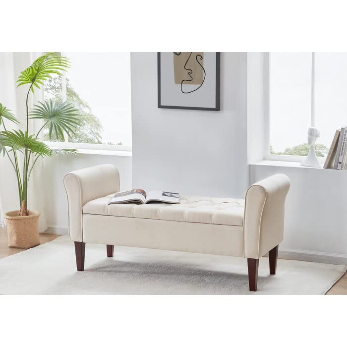Image of Sal Wood Upholstered Flip Top Storage Armrest Bench Ottoman Pouffe Puffy Settee 2 Seater Sofa Footstool for Livingroom Bedroom Office Hotel Guestroom (White)