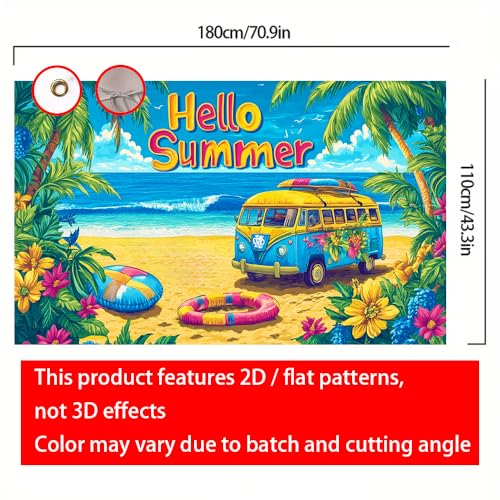 Image of 71x43 Inch Hello Summer Banner Beach Retro Camper Van Backdrop Tropical Ocean Yard Decorations Seasonal Outdoor Decor Fence Sign