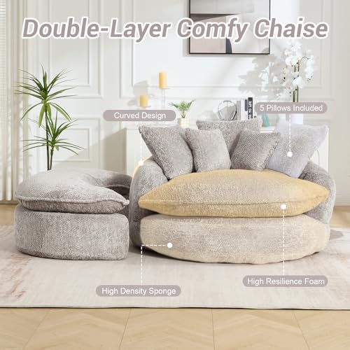 Image of 54 inch Round Chaise Lounge with Ottoman Big Bean Bag Round Sofa Bed Oversized Round Couch Boneless Reading Chair Comfy Plush Chenille Large Chaise Chair for Living Room, Apartment, Light Gray