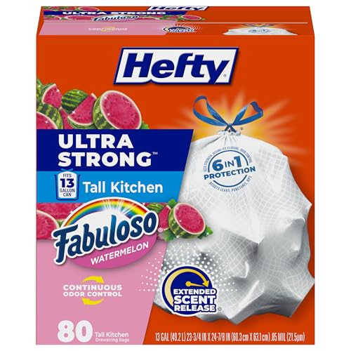 Image of Hefty Ultra Strong 13 Gallon Trash Bags, Tall Kitchen Trash Bags 13 Gallon Size, Resist Leaks, Punctures, and Rips, Continuous Odor Control, White, Fabuloso Watermelon Scent, 80 Bags