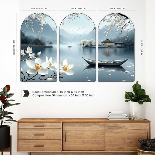 Image of Livin'luxe Set of 3 Magnolia Flowers and Boats Wall Painting for Living Room, Bedroom, Hotels - Big Size Stylish Frame 50 inch x 30 inch Wall Art for Home Decoration RPNL-23