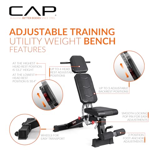 Image of CAP Barbell Adjustable Training Utility Weight Bench | Multi-Position Incline Bench with 6 Backrest Adjustments, Leg Anchor, Wheels & 600 LB Capacity | Home Gym Strength Bench