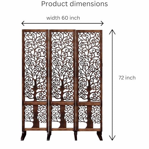 Image of Wooden Room Partition /Screen /Room Divider /Room Separator Traditional Handicrafts 6Ft (Dark Brown) (Tree 3 Panel with Stands)