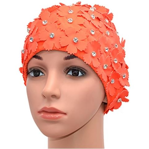 Medifier Manual Rhinestone Floral Petal Retro Style Swim Cap Bathing Caps for Women Orange Cover