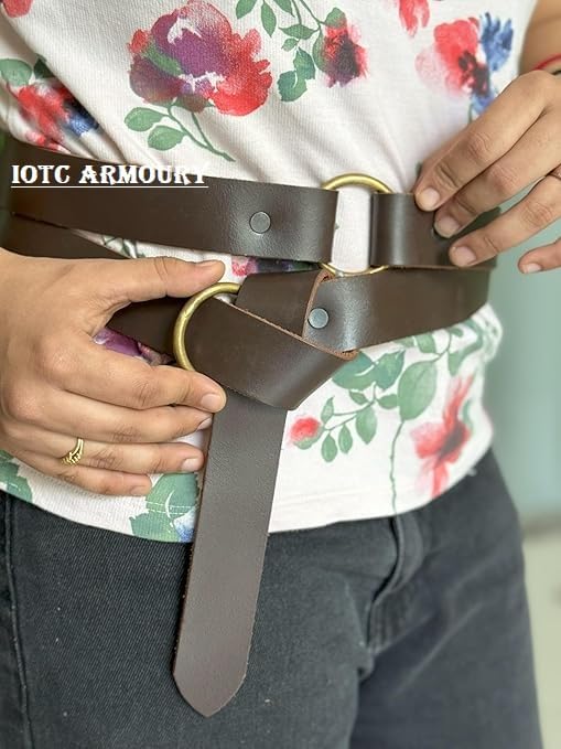 Medieval Brown Leather Ring Belt, Retro Renaissance Rivets Belt for LARP, Halloween Parties Costume, Adult Costume4