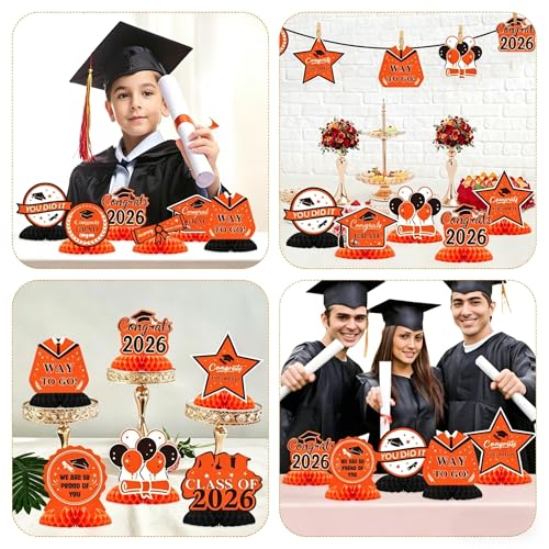 Image of Graduation Decorations 2026, 10PCS Graduation Centerpieces for Table Orange Black Graduation Party Decorations Class of 2026 Congrats Grad Honeycomb Centerpieces Table Decor Graduation Party Supplies