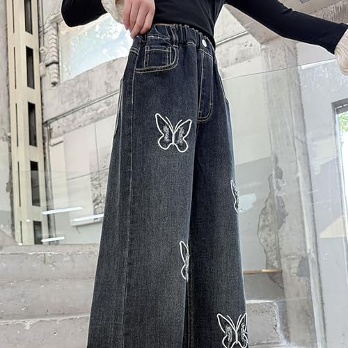 Kids Girls Bow Jeans Wide Leg Baggy Button Denim Pants Elastic High Waist Trousers Trendy Y2k Streetwear with Pockets4