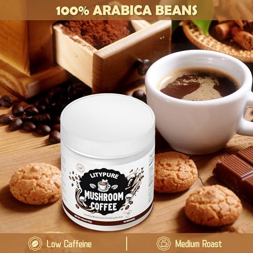 Litypure Mushroom Coffee — Organic Instant Arabica Coffee with Lion's Mane, Cordyceps, Reishi, Turkey Tail, KingTrumpet, Shiitake, for Improve Focus & Immune Support 4.23 oz - Image 5