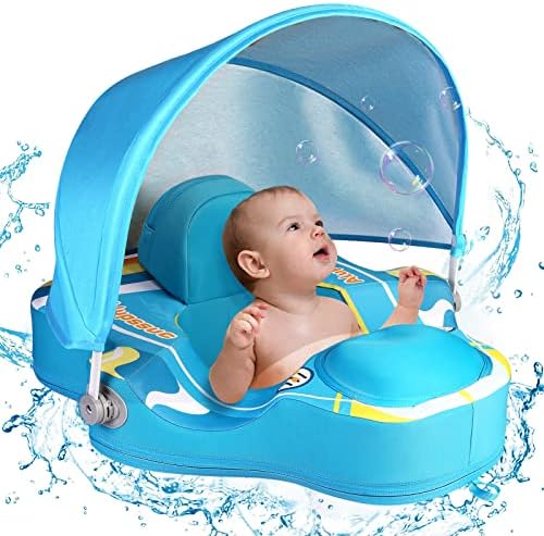 Alupssuc Baby Pool Float with 0-120° Removable UPF 50+ Sun Canopy, Widen Wings No Flip over, Non Inflatable Infant Pool Float with Adjustable Safety Seat, Baby Swim Floats for 3-6-12-24 Months Toddler