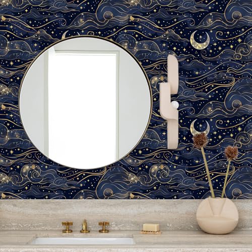 KDGHORMY Sky Wallpaper Peel and Stick Self Adhesive Dark Blue Dreamy Watercolor Vivid Romantic Whimsical Cloud Star Moon Contact Paper Removable Waterproof for Bedroom Renter Friendly 17.71"x118.1" — view 5