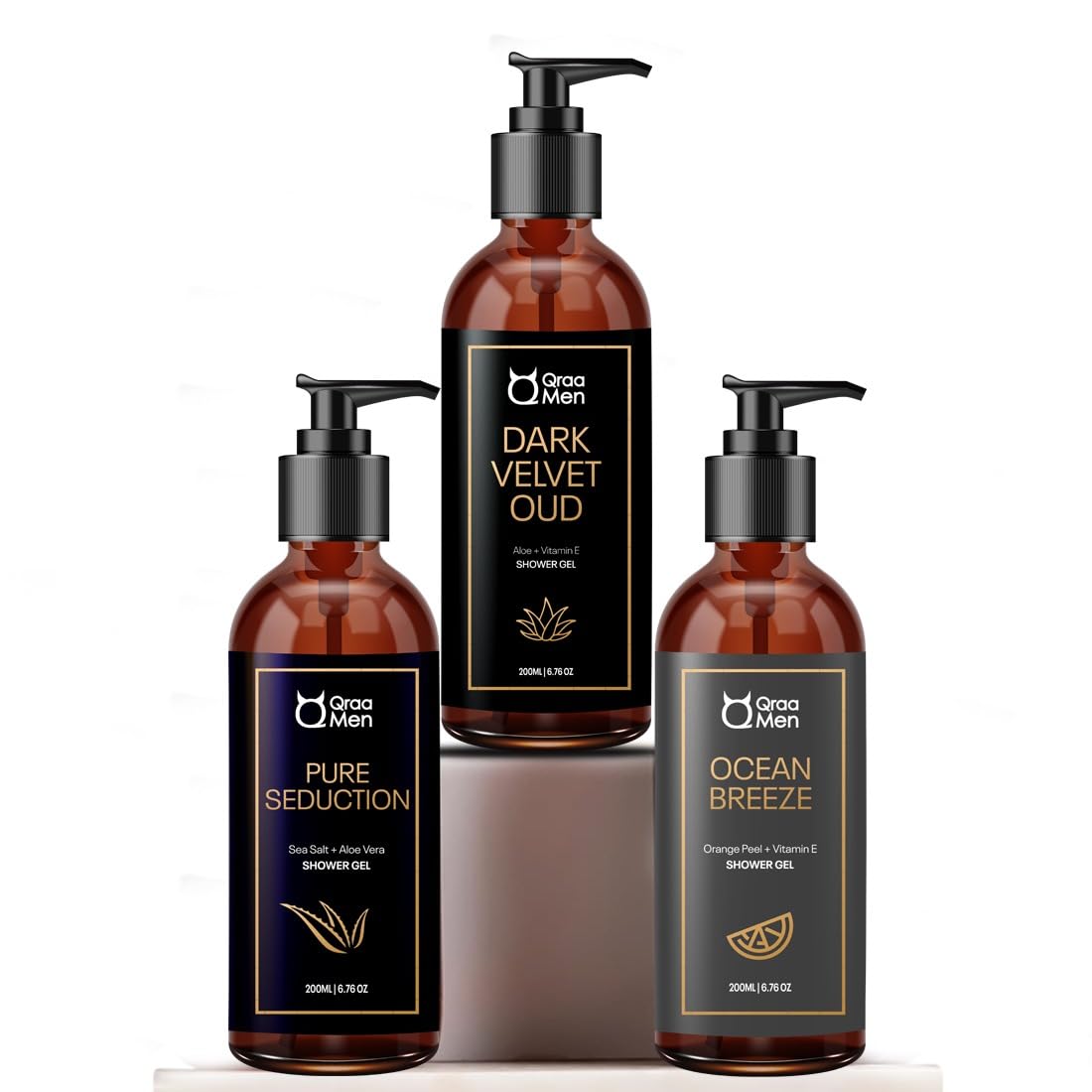 QraaMen Luxurious Shower Gel | With Long Lasting Fragrance | Calming & Relaxing Fragrance | With Aloe Vera, Vitamin E & C| Pack of 3(600ML)